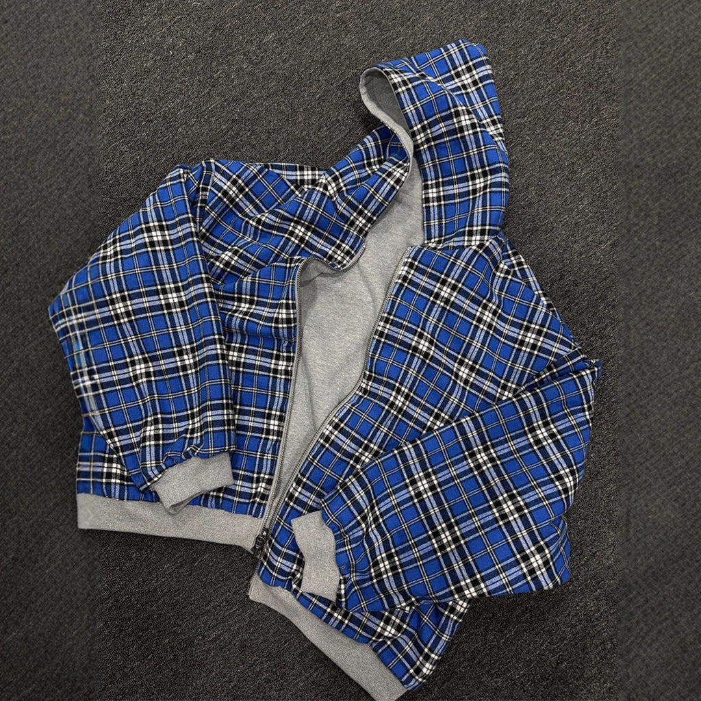 Style Hooded Zipper Plaid Spliced Reversible Hoodie for Men