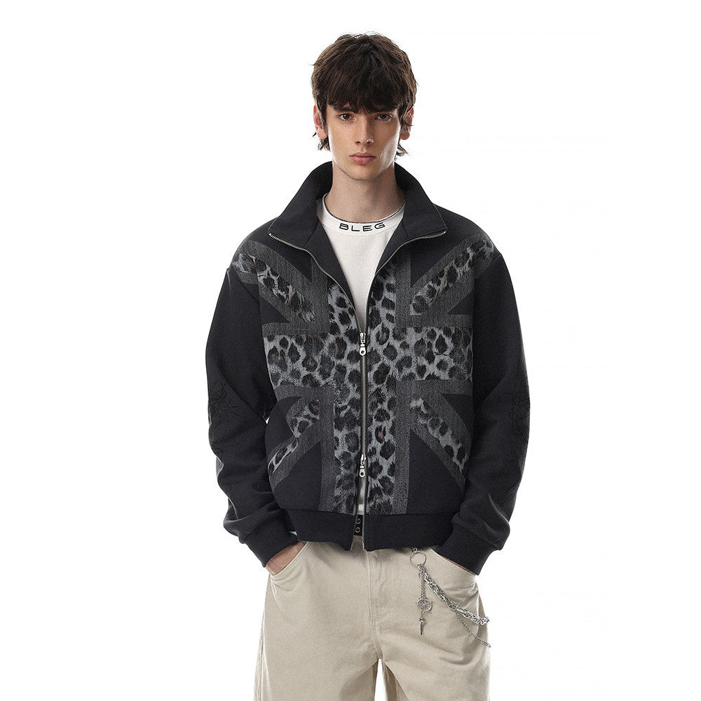 Leopard print standing collar cardigan sweatshirt