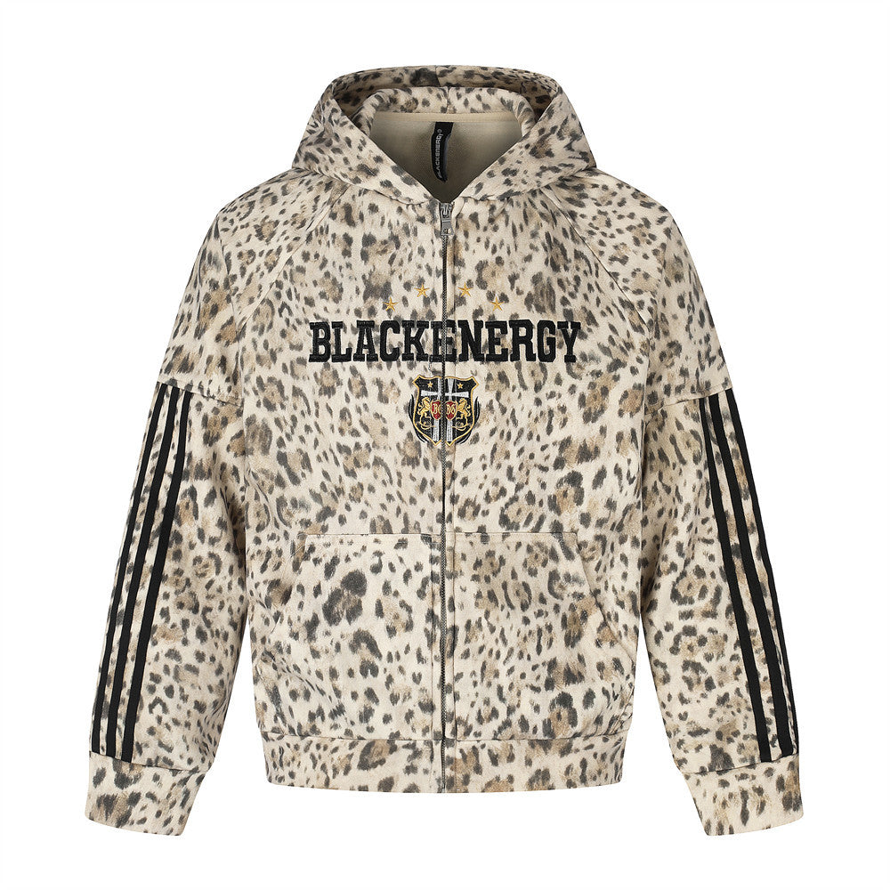 Leopard print hooded cardigan sweatshirt
