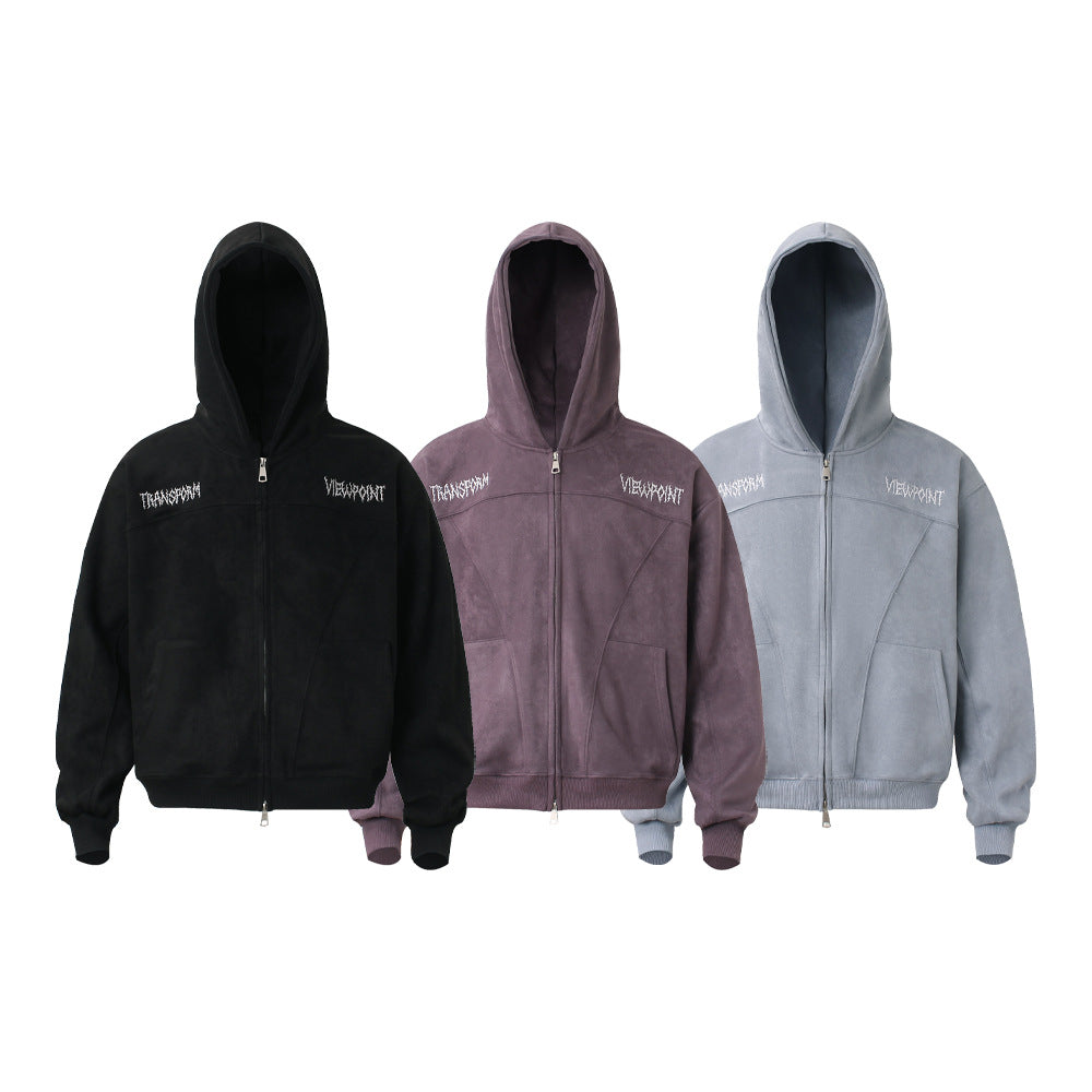 Style Retro Faux Suede Embroidered Hooded Oversized Sweatshirt for Men