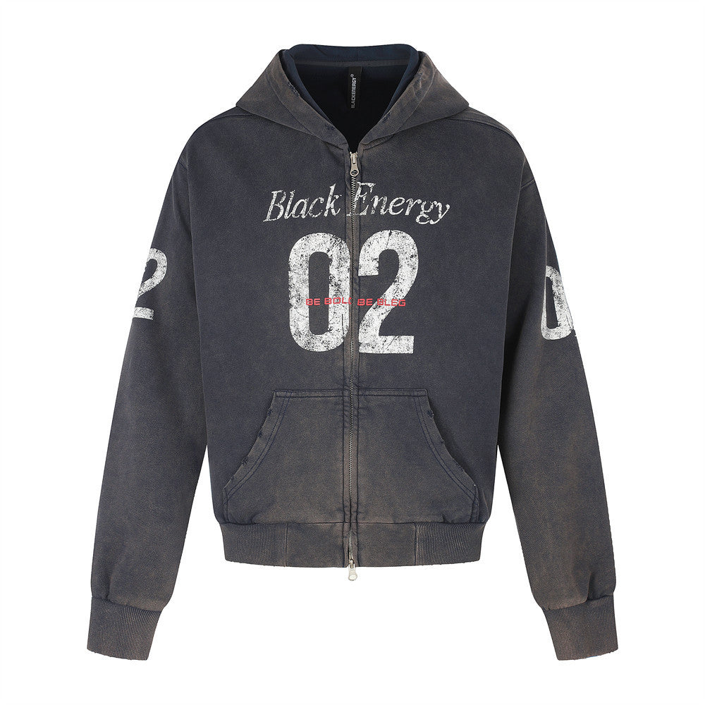 02 Number Used Dirty Hooded Cardigan Sweatshirt