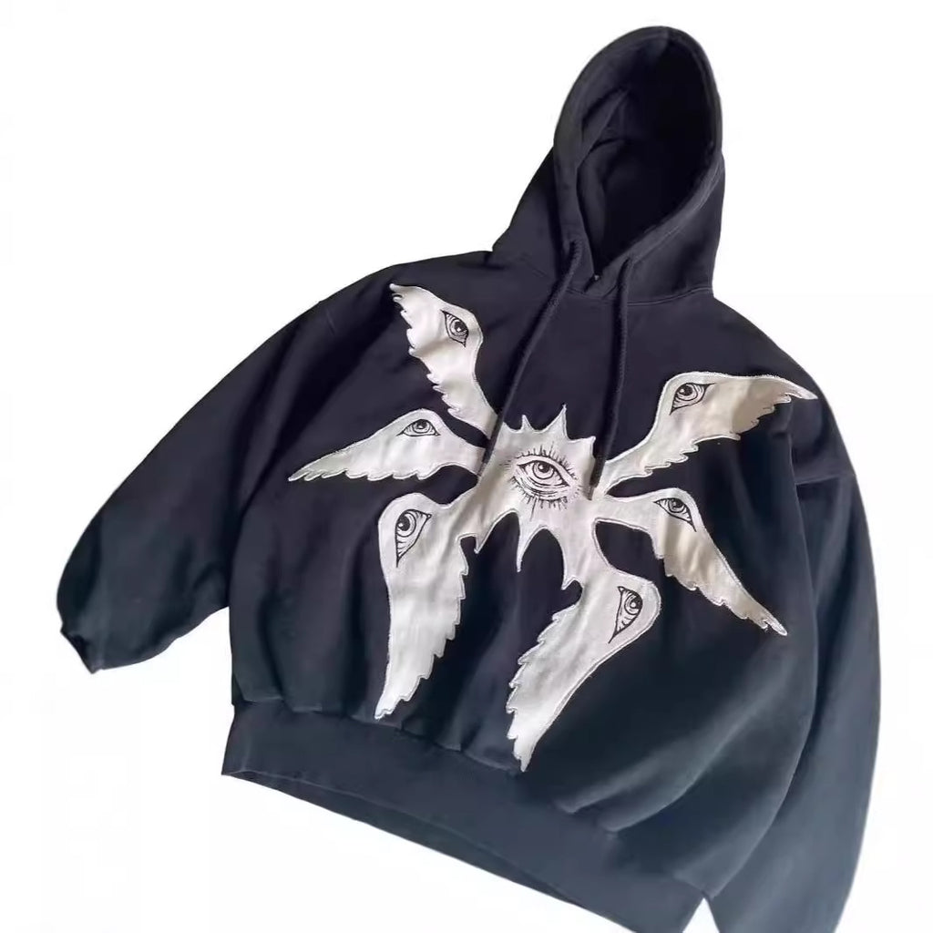 Gothic Dark Angel Wings Patchwork Loose Hoodie for Men and Women