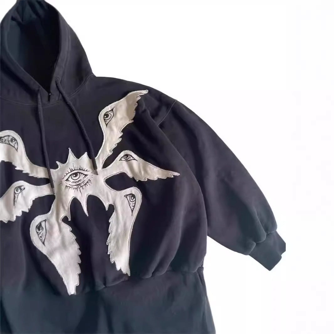 Gothic Dark Angel Wings Patchwork Loose Hoodie for Men and Women