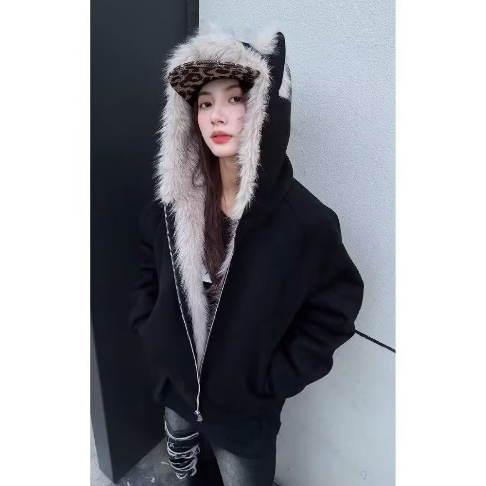 Furry Hooded Cat-Ear Coat for Men and Women