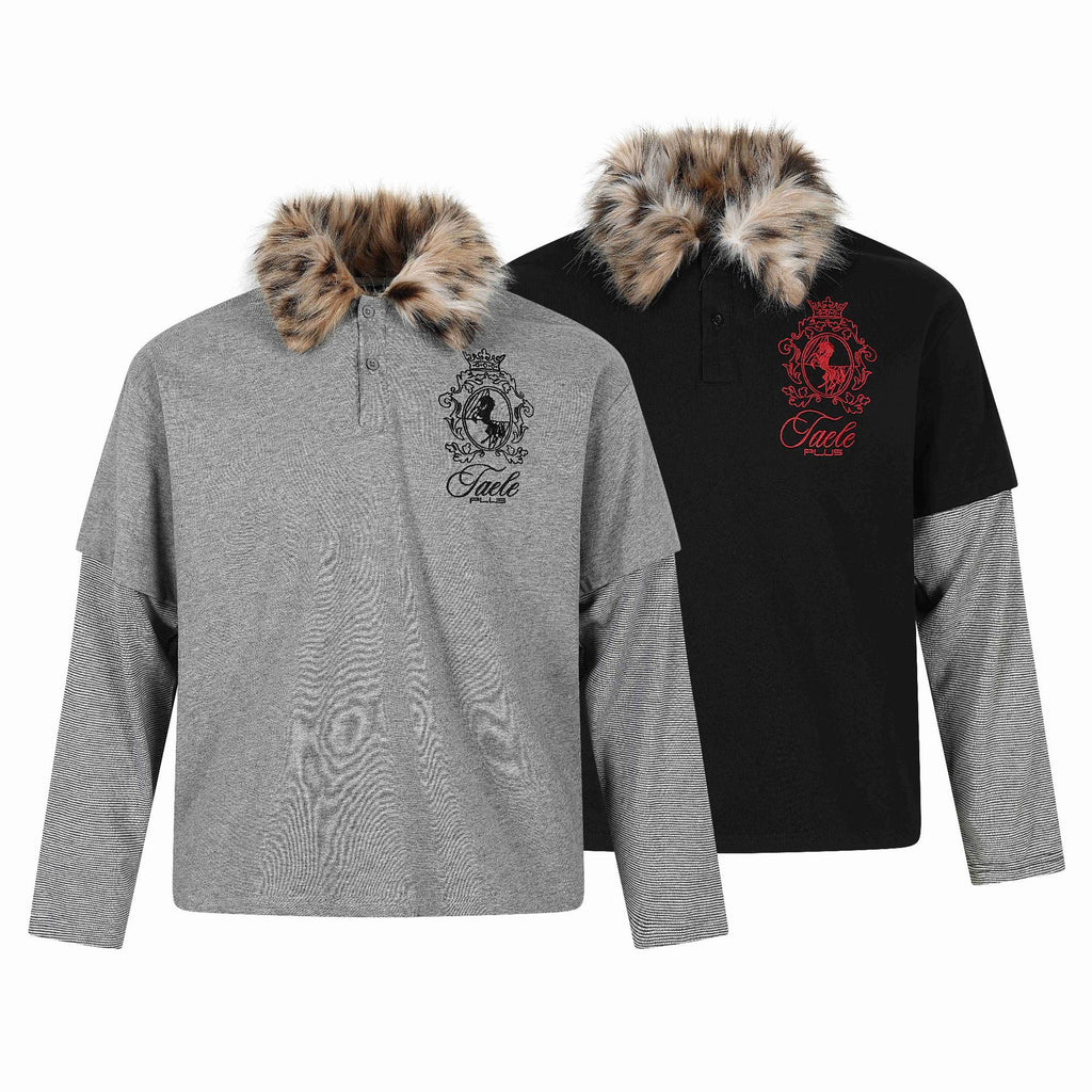 Long Sleeve Faux Two-Piece with Fur Collar and Embroidery  Loose Fit  Long Sleeve T-Shirt