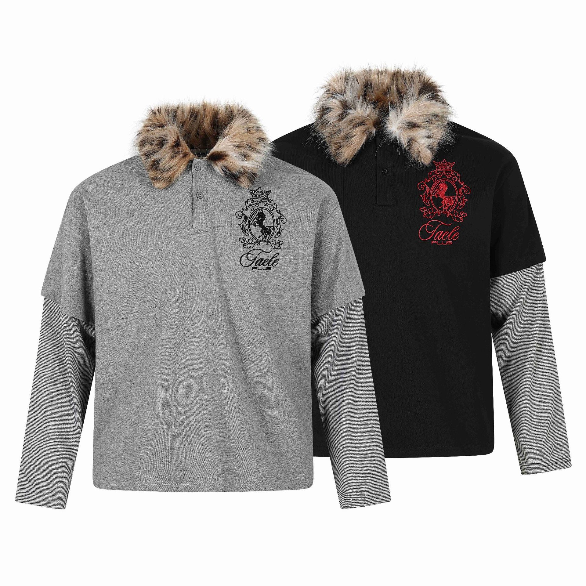 Long Sleeve Faux Two-Piece with Fur Collar and Embroidery  Loose Fit  Long Sleeve T-Shirt