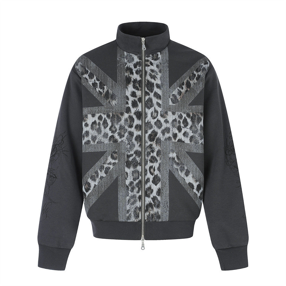 Leopard print standing collar cardigan sweatshirt