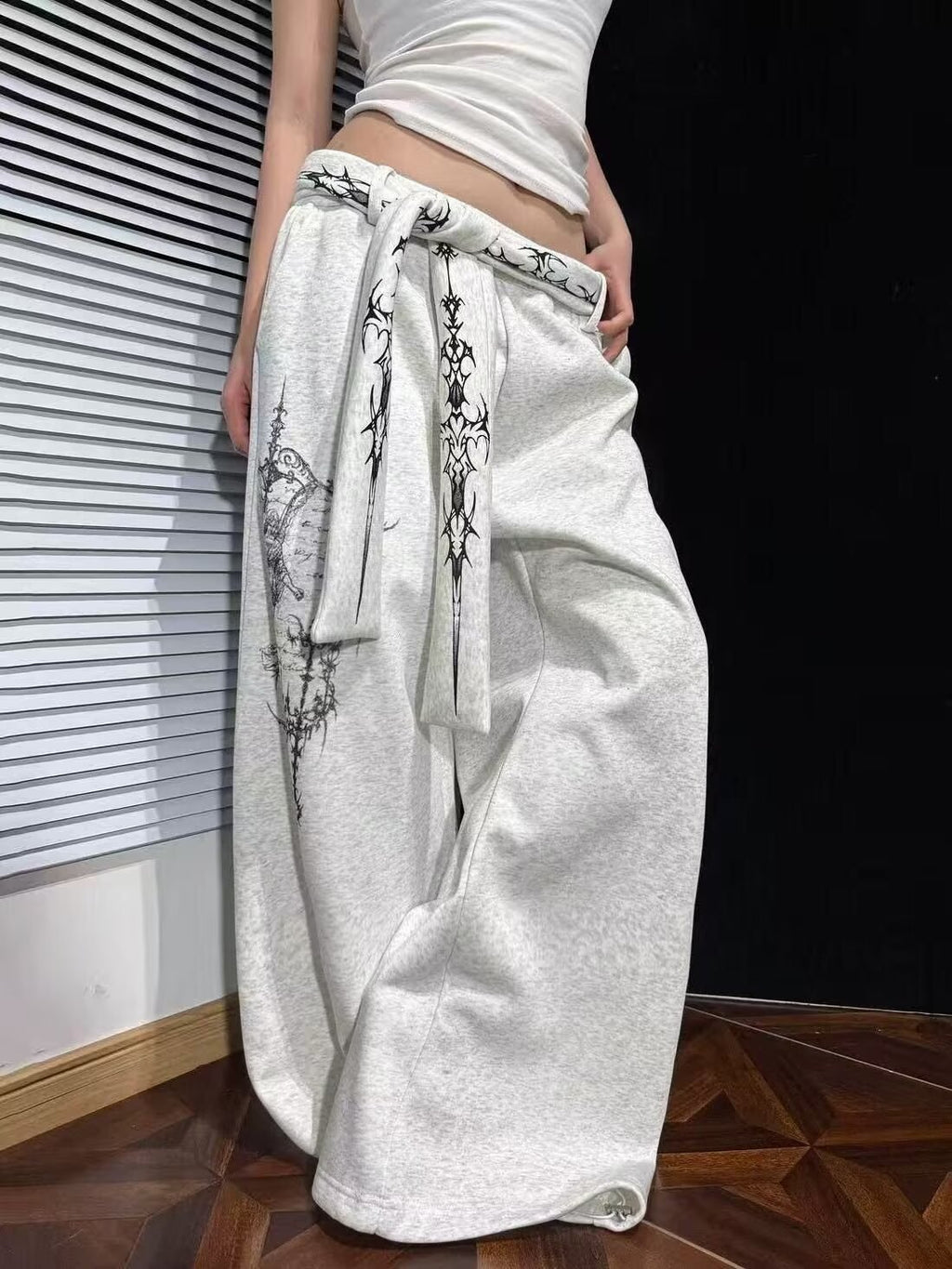 Street Style Pattern Print Detachable Ribbon Multi-Wear Wide Leg Pants