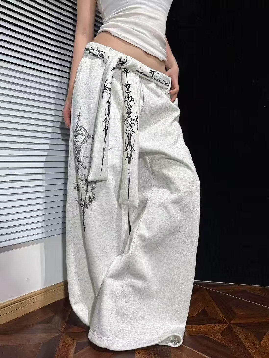 Street Style Pattern Print Detachable Ribbon Multi-Wear Wide Leg Pants