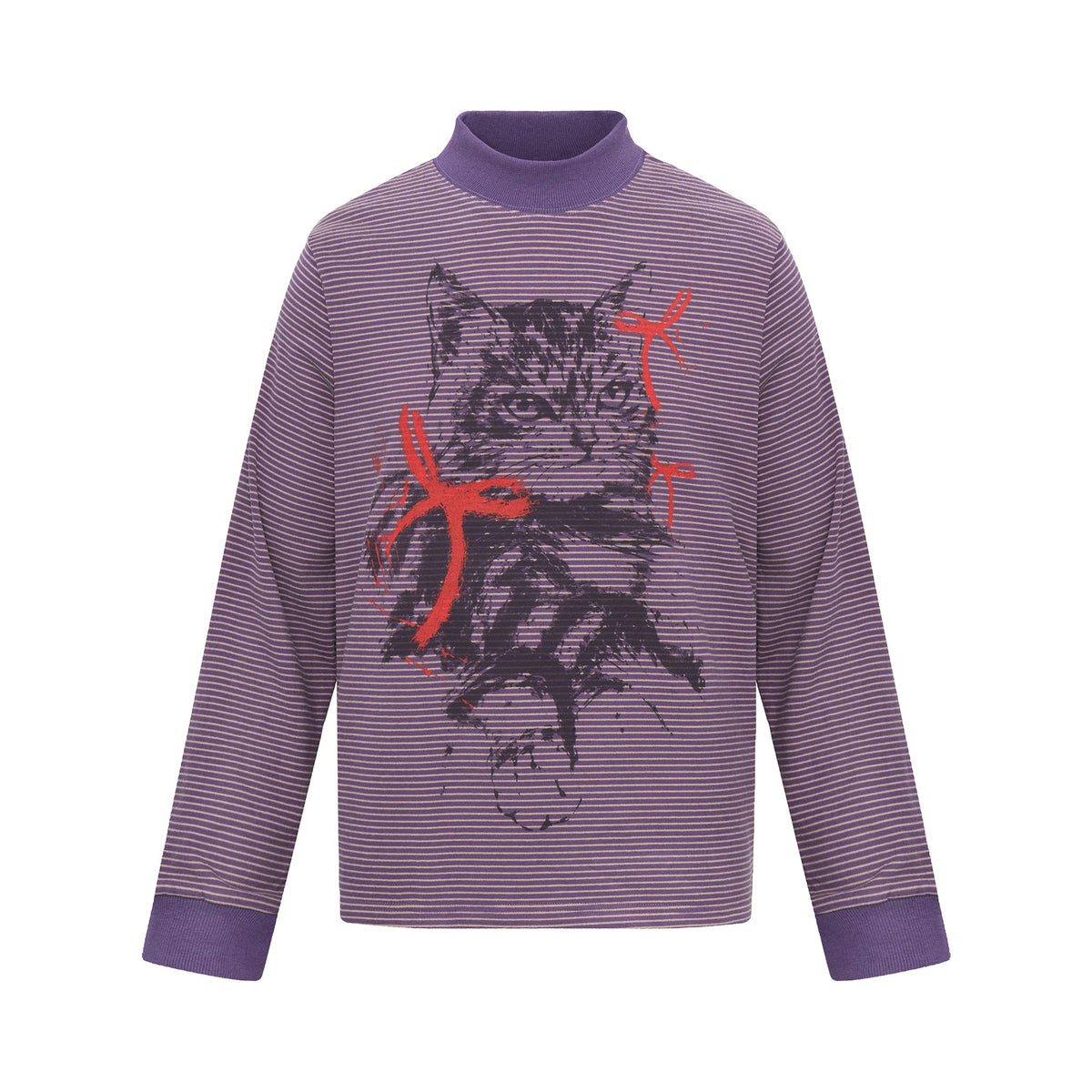 Cat Print Long Sleeve High Neck Men's T-Shirt