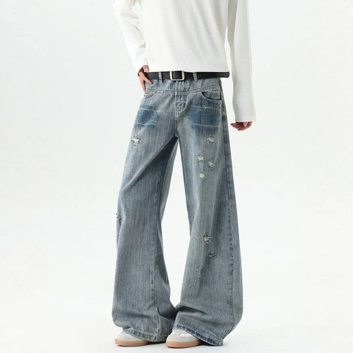 Bamboo Texture Distressed Washed Straight Leg Oversized Tapered Jeans
