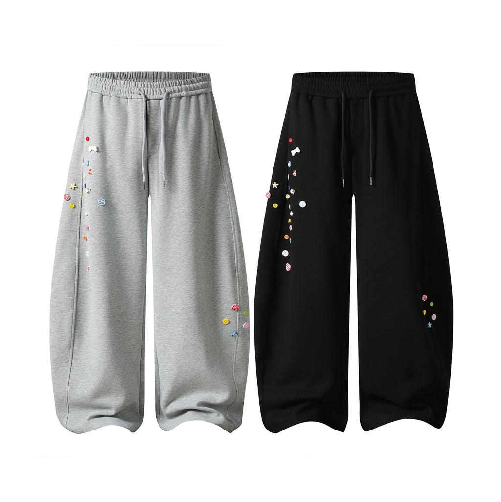 Childlike Handmade Button Decorated Sweatpants Loose Wide Leg Sweet Girl Style Casual Long Pants