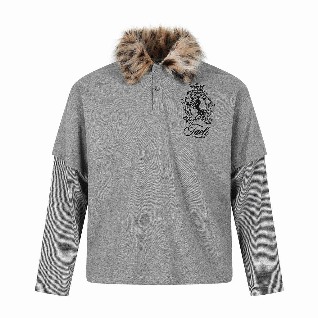 Long Sleeve Faux Two-Piece with Fur Collar and Embroidery  Loose Fit  Long Sleeve T-Shirt