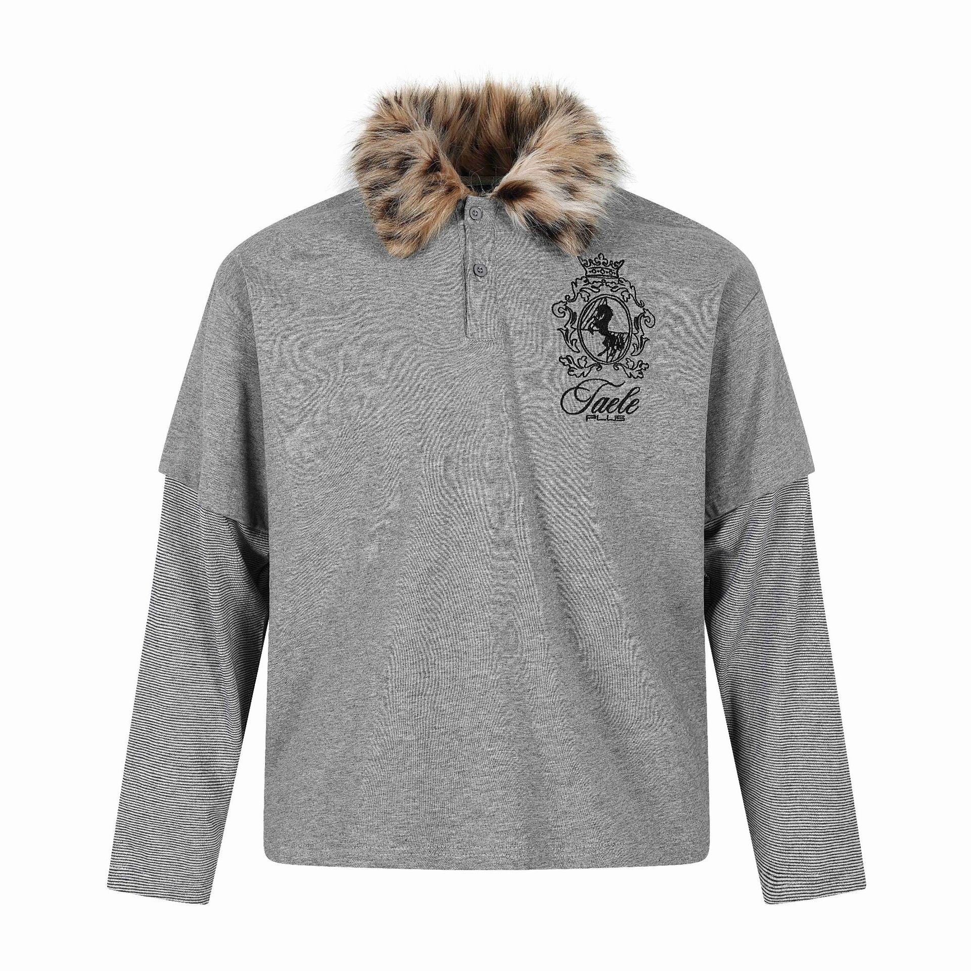 Long Sleeve Faux Two-Piece with Fur Collar and Embroidery  Loose Fit  Long Sleeve T-Shirt