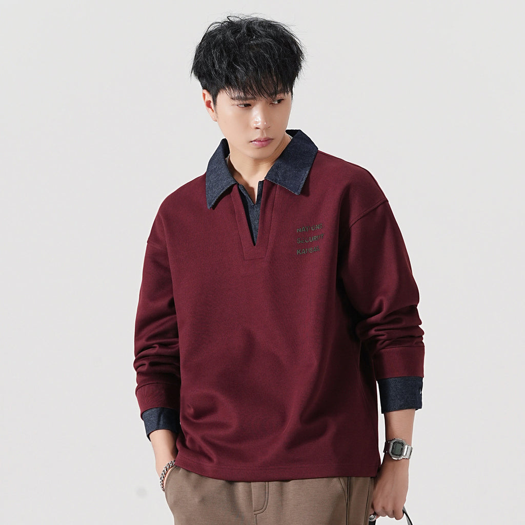 Denim Splicing Long Sleeve Polo Collar Sweatshirt for Men