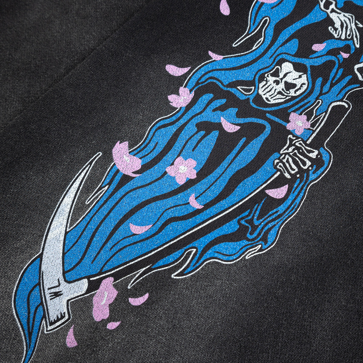 Washed Grim Reaper Print Fleece Hoodie for Men