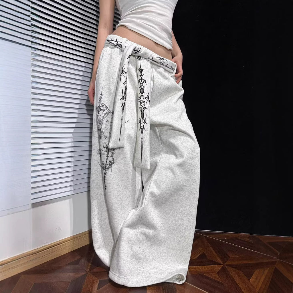 Street Style Pattern Print Detachable Ribbon Multi-Wear Wide Leg Pants