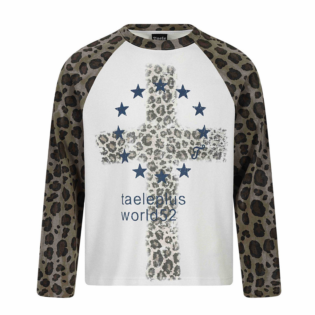 Streetwear Leopard Print Color-Blocked Shoulder Long Sleeve T-Shirt for Men