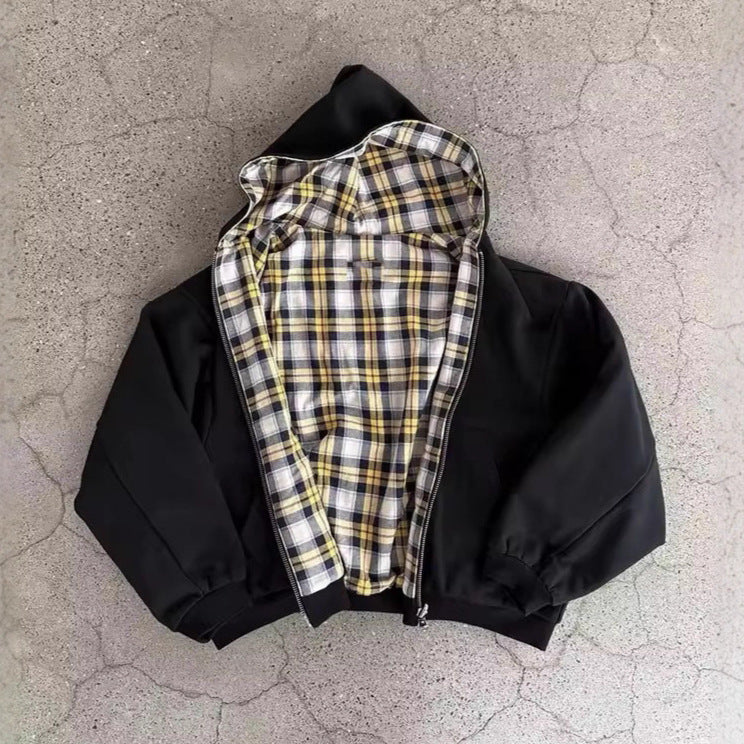 Style Hooded Zipper Plaid Spliced Reversible Hoodie for Men