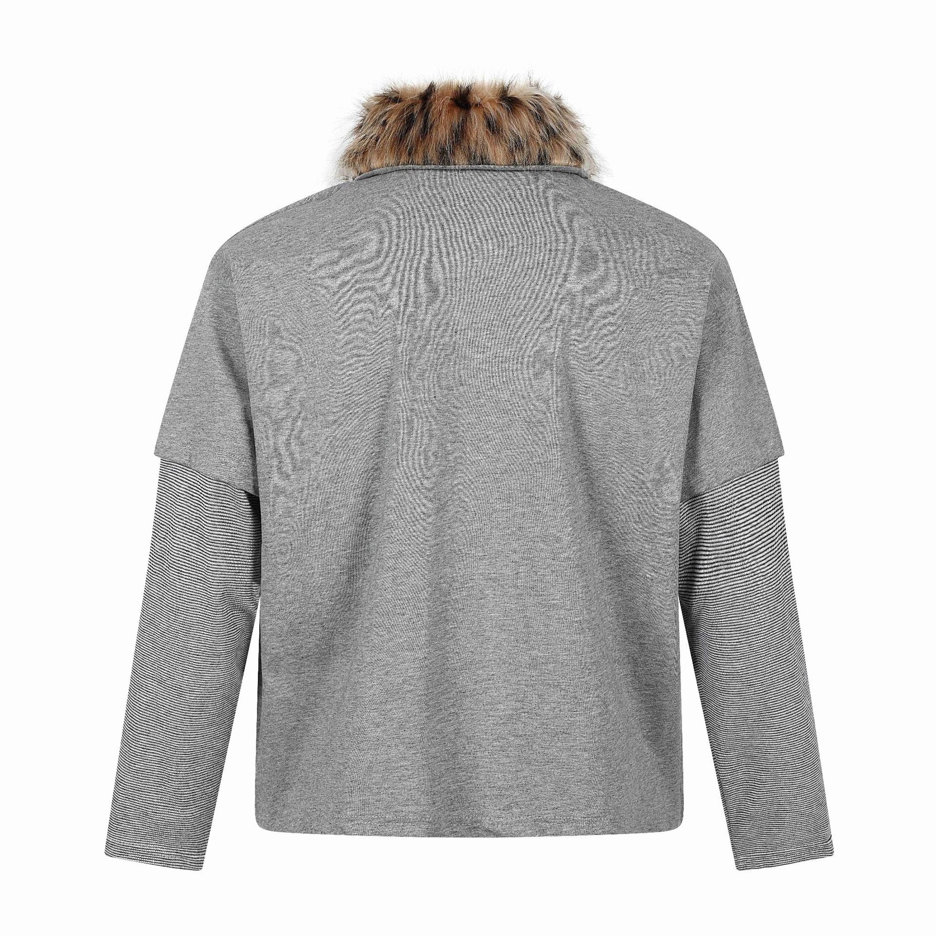 Long Sleeve Faux Two-Piece with Fur Collar and Embroidery  Loose Fit  Long Sleeve T-Shirt