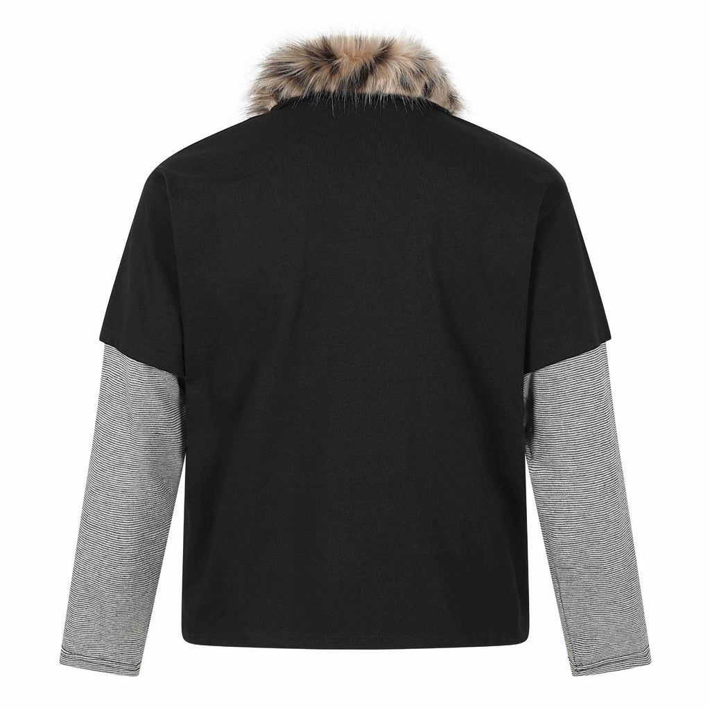 Long Sleeve Faux Two-Piece with Fur Collar and Embroidery  Loose Fit  Long Sleeve T-Shirt