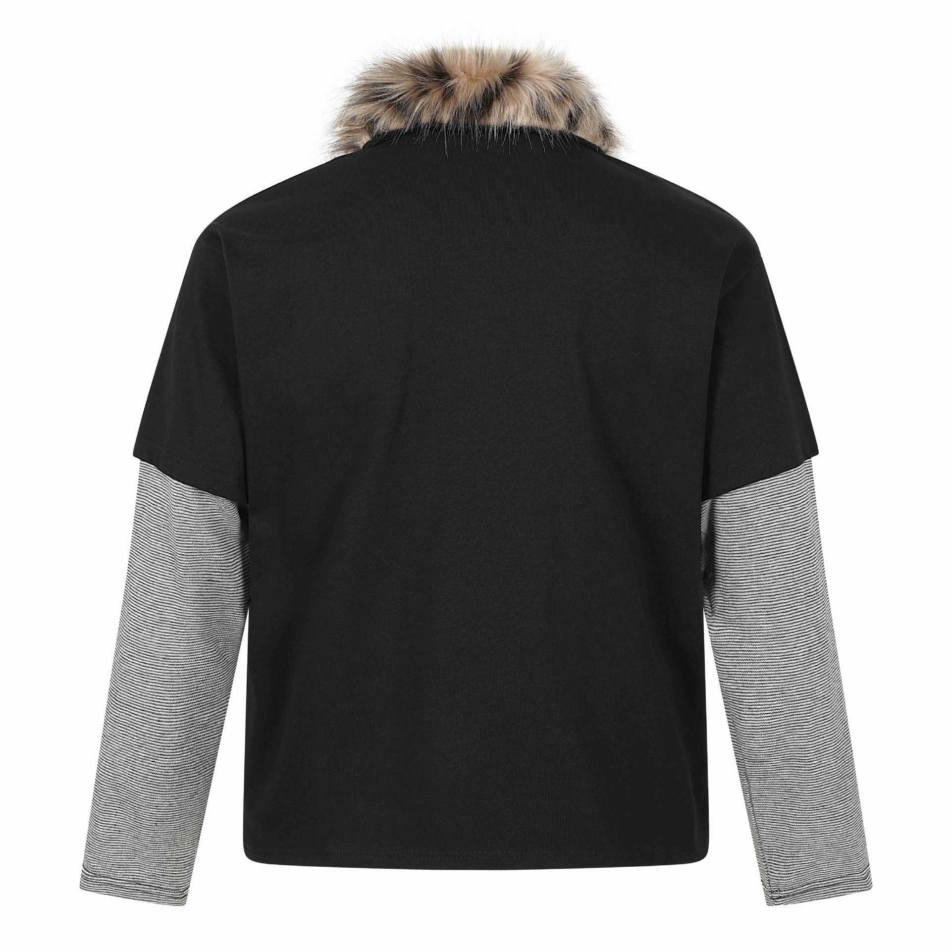 Long Sleeve Faux Two-Piece with Fur Collar and Embroidery  Loose Fit  Long Sleeve T-Shirt