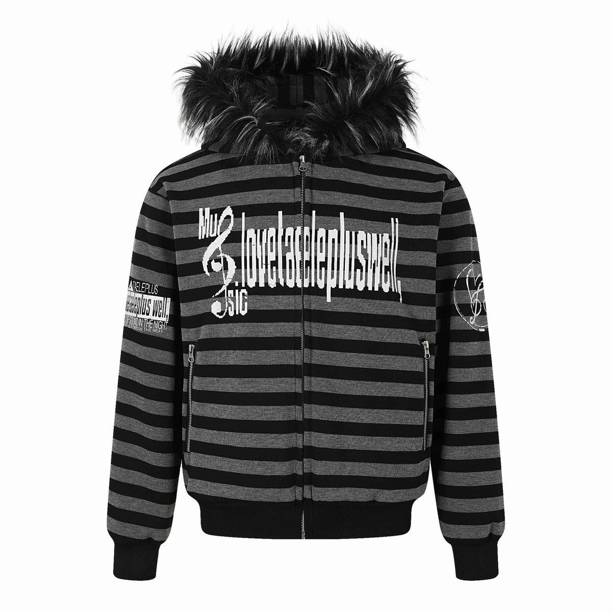 Stripe Fur Collar Cardigan with Music Note Print Knit Hoodie Jacket