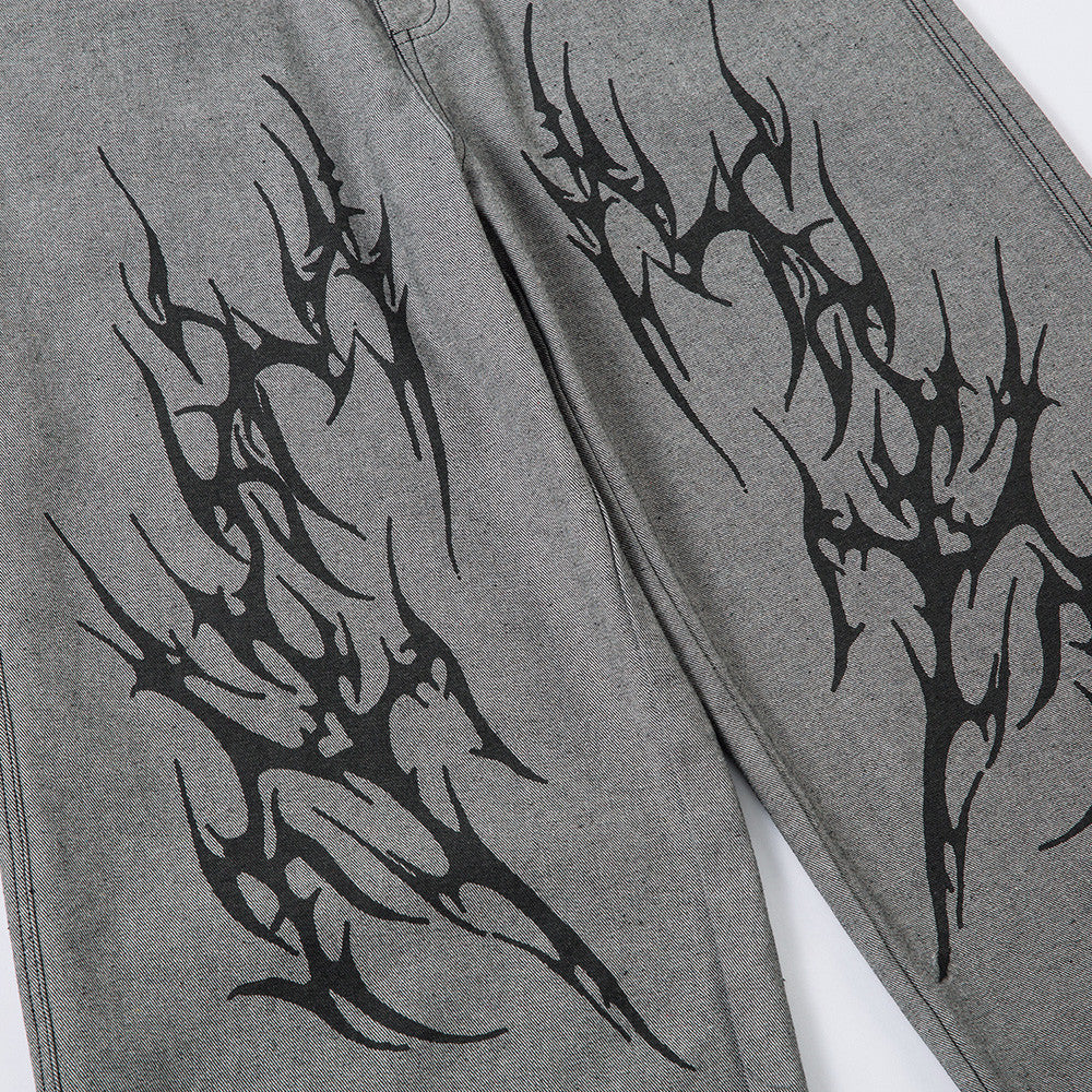 Street Design Totem Thorns Print Denim Long Pants Men's Reverse Wear Personality Loose Wide Leg Floor-Length Trousers