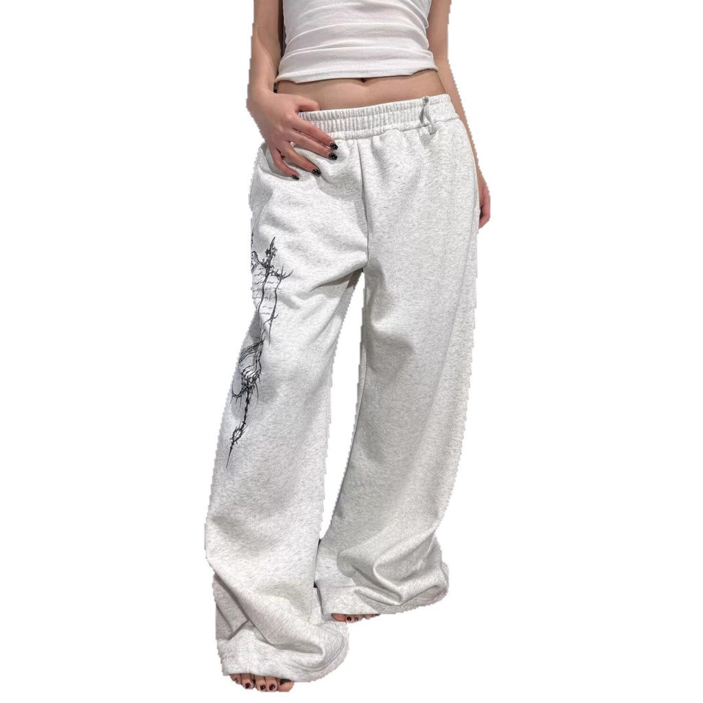 Street Style Pattern Print Detachable Ribbon Multi-Wear Wide Leg Pants