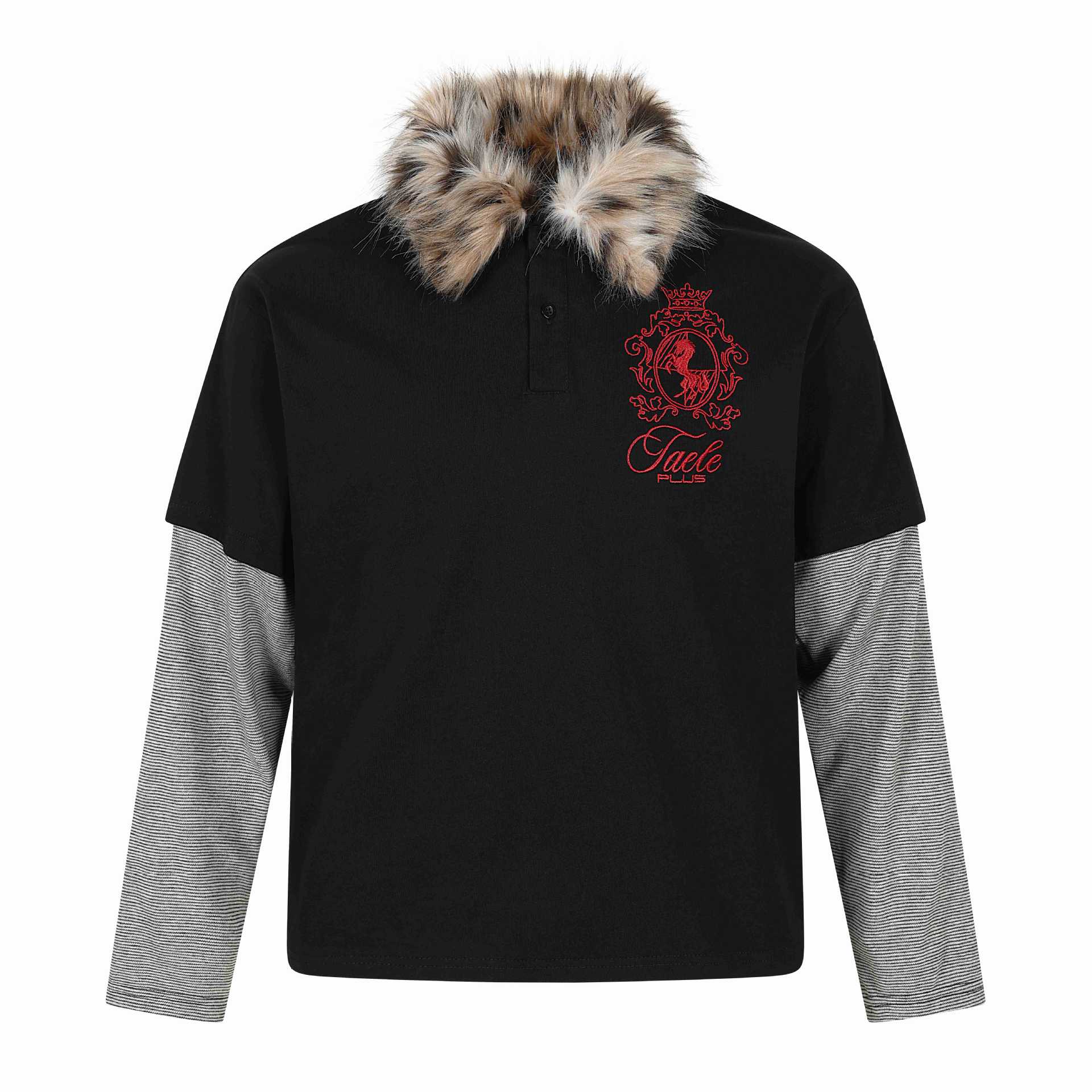 Long Sleeve Faux Two-Piece with Fur Collar and Embroidery  Loose Fit  Long Sleeve T-Shirt
