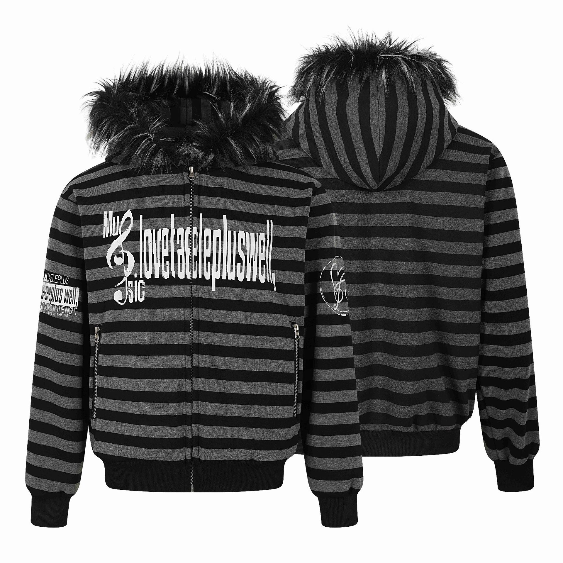 Stripe Fur Collar Cardigan with Music Note Print Knit Hoodie Jacket