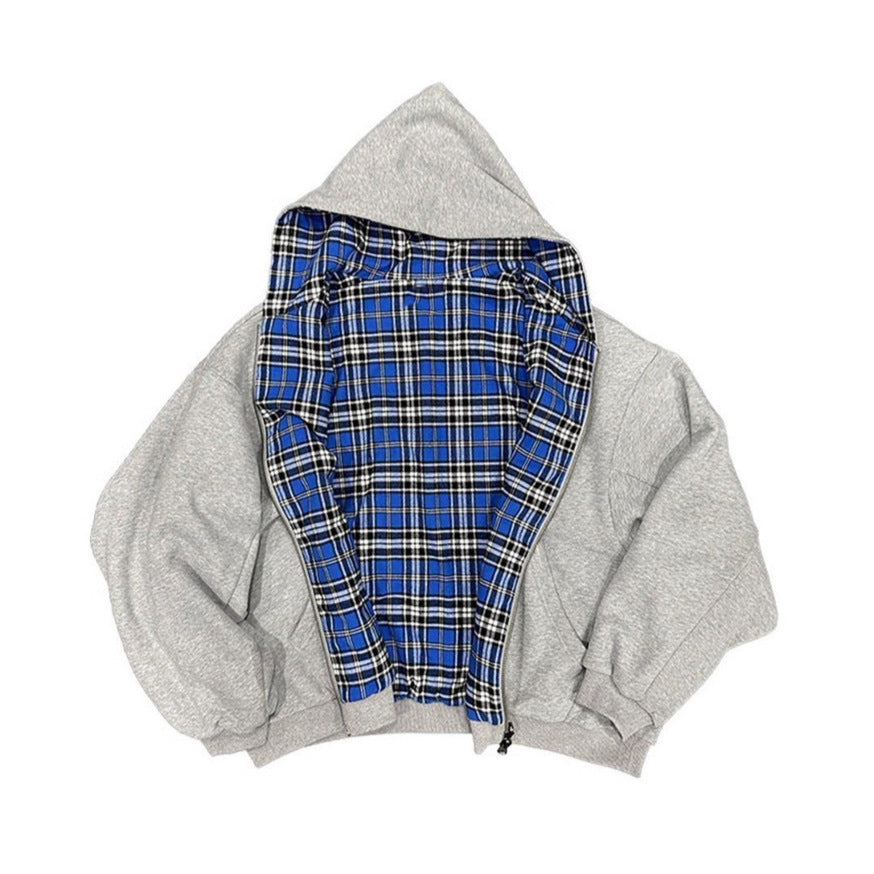 Style Hooded Zipper Plaid Spliced Reversible Hoodie for Men