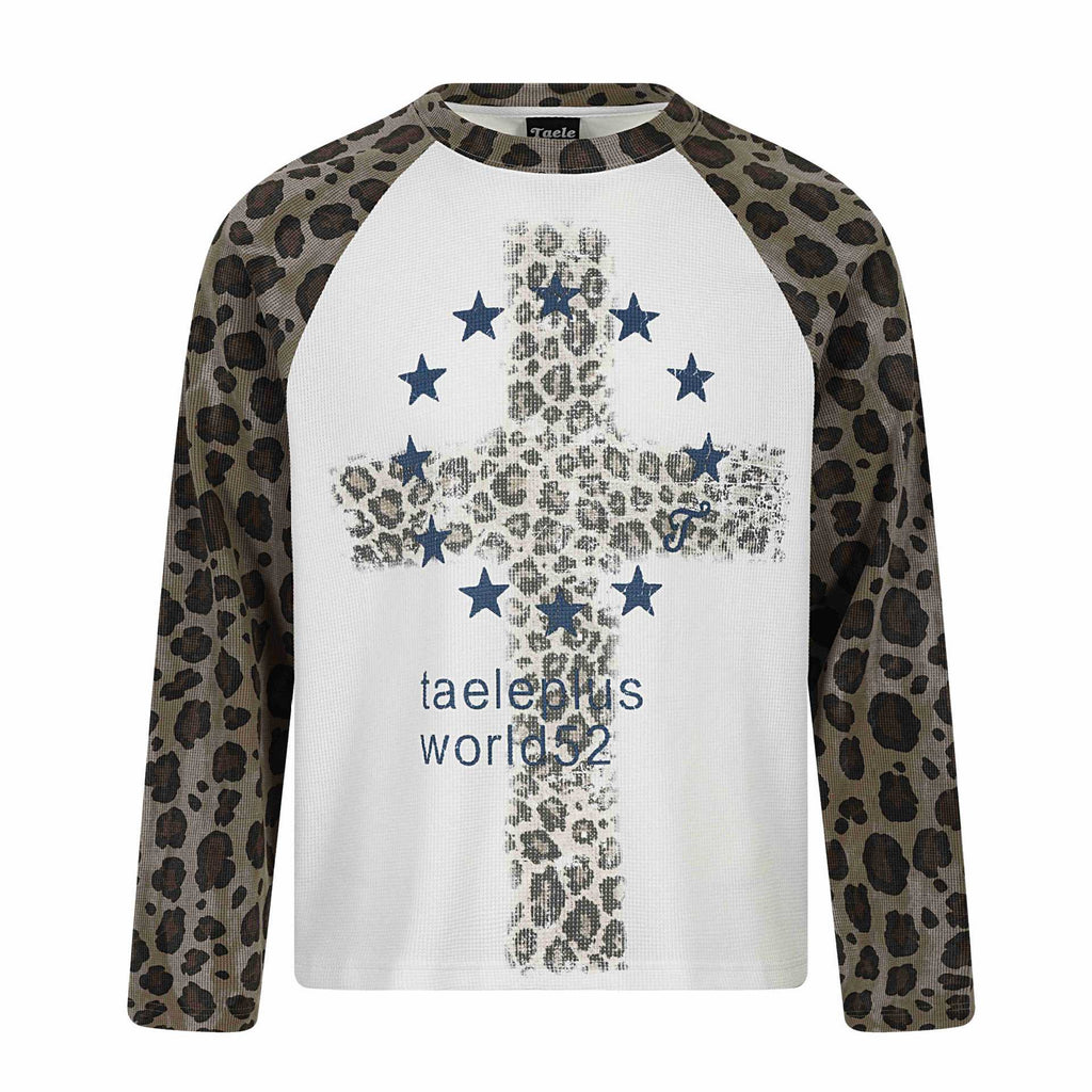 Streetwear Leopard Print Color-Blocked Shoulder Long Sleeve T-Shirt for Men