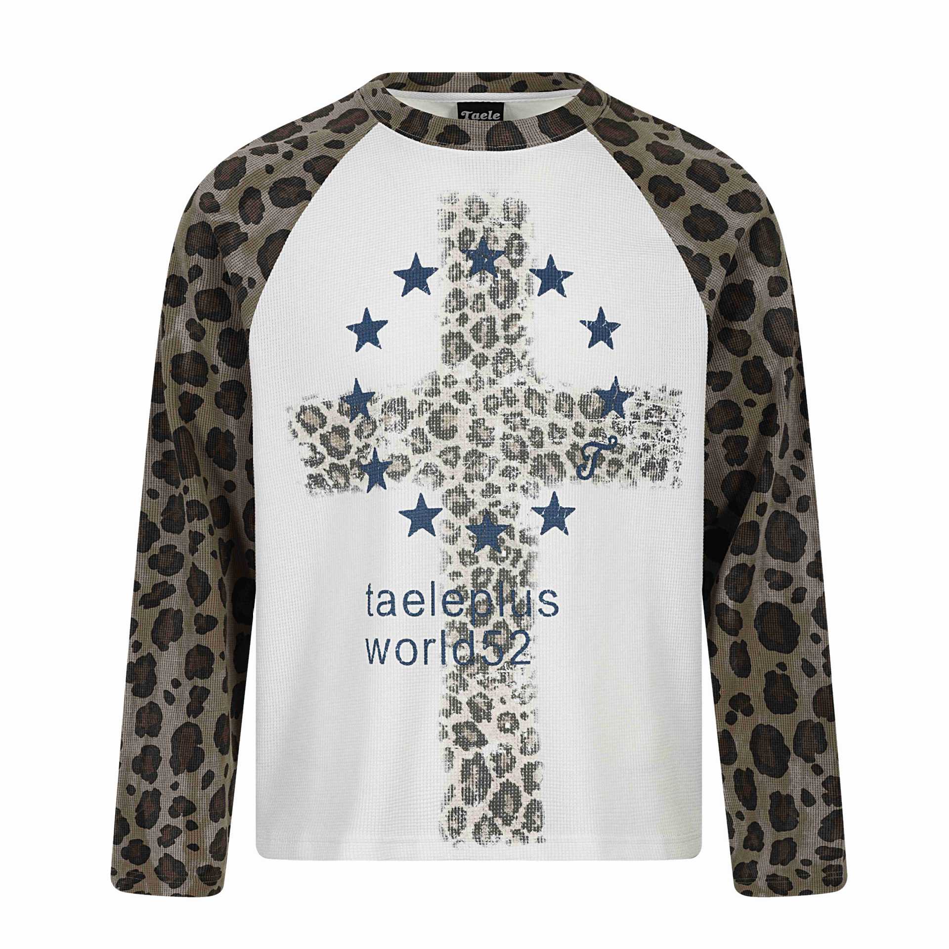 Streetwear Leopard Print Color-Blocked Shoulder Long Sleeve T-Shirt for Men