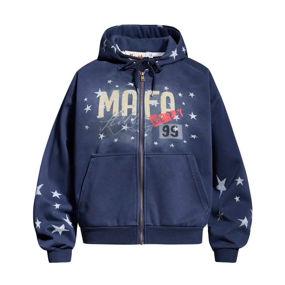 Full printed star hooded cardigan sweatshirt