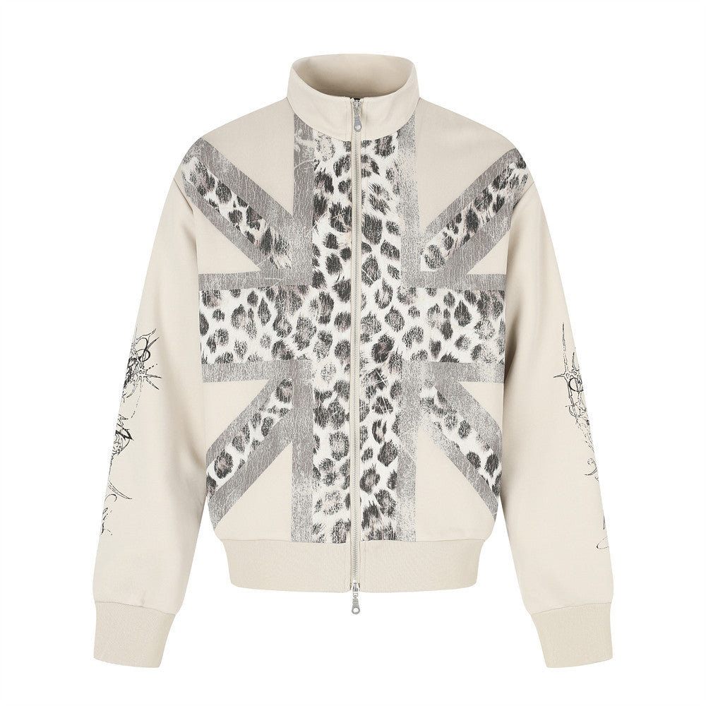 Leopard print standing collar cardigan sweatshirt