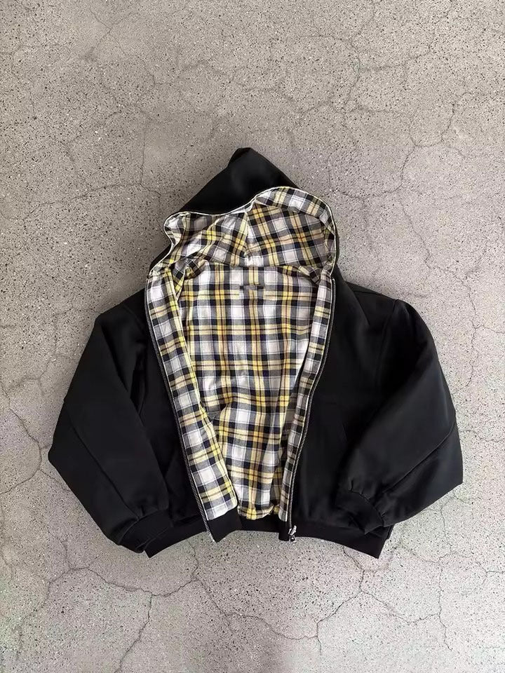 Style Hooded Zipper Plaid Spliced Reversible Hoodie for Men