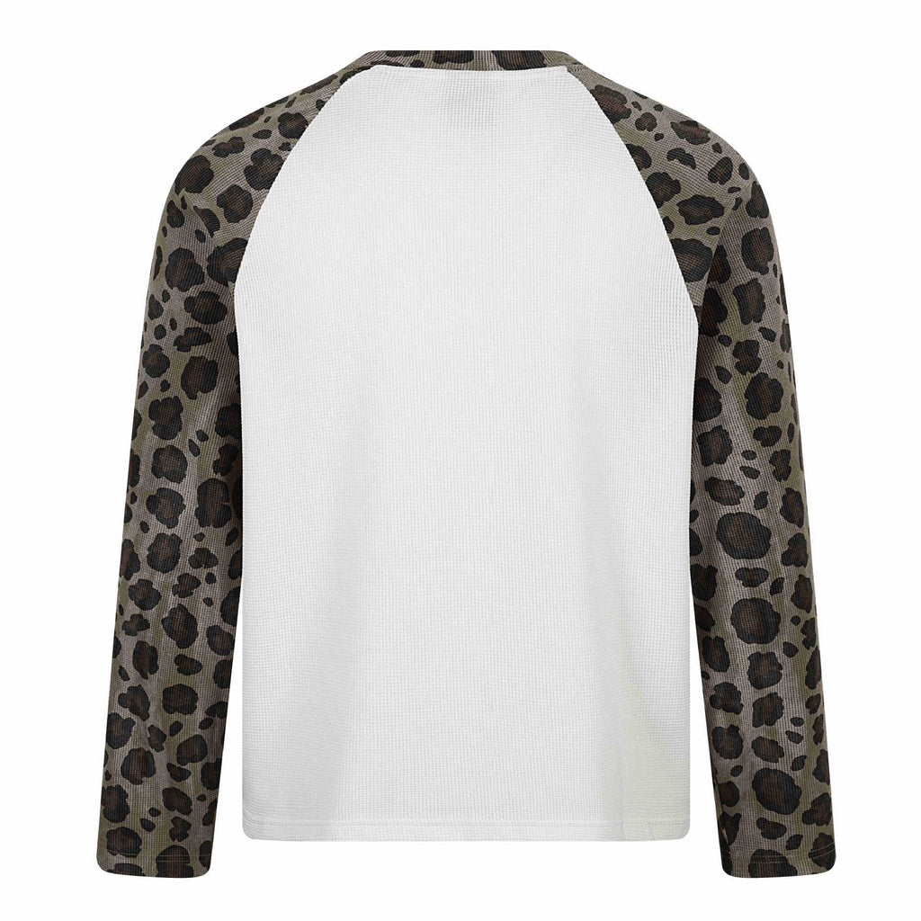 Streetwear Leopard Print Color-Blocked Shoulder Long Sleeve T-Shirt for Men