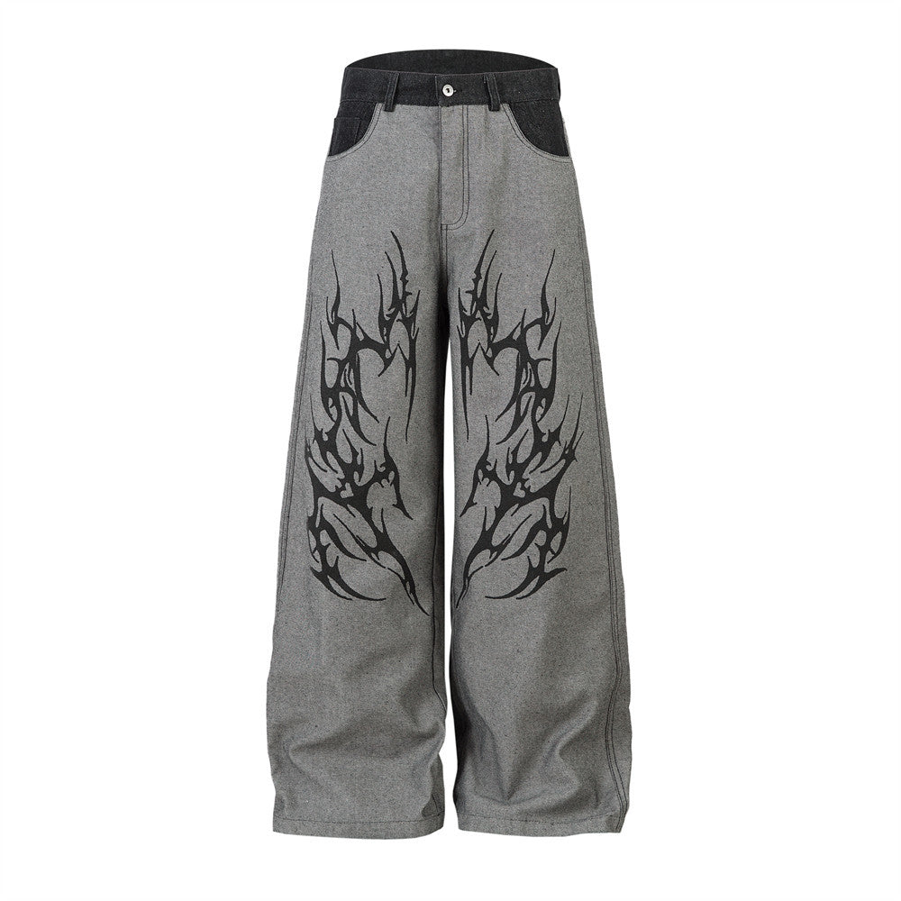 Street Design Totem Thorns Print Denim Long Pants Men's Reverse Wear Personality Loose Wide Leg Floor-Length Trousers