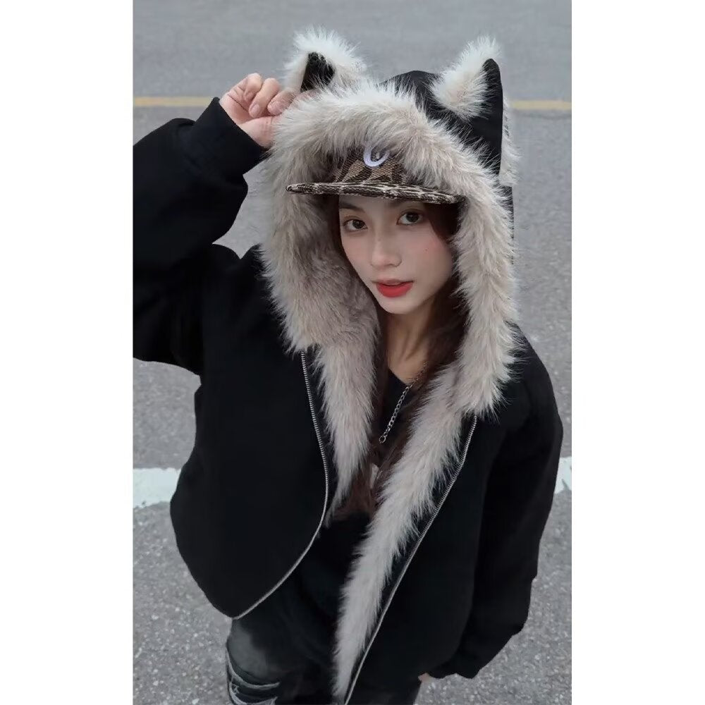 Furry Hooded Cat-Ear Coat for Men and Women
