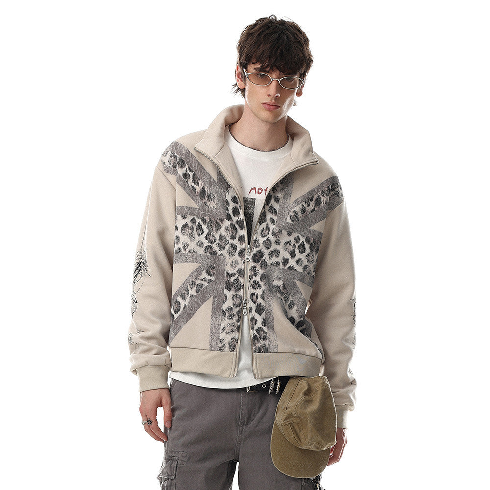 Leopard print standing collar cardigan sweatshirt
