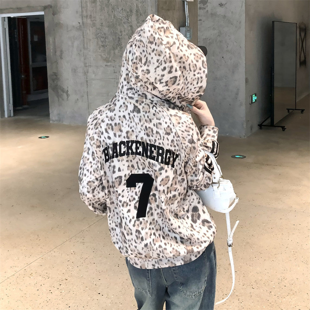 Leopard print hooded cardigan sweatshirt