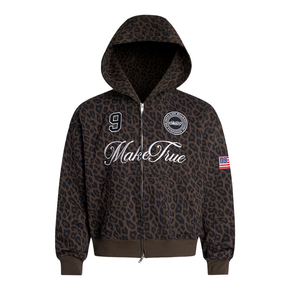 Leopard print hooded cardigan sweatshirt