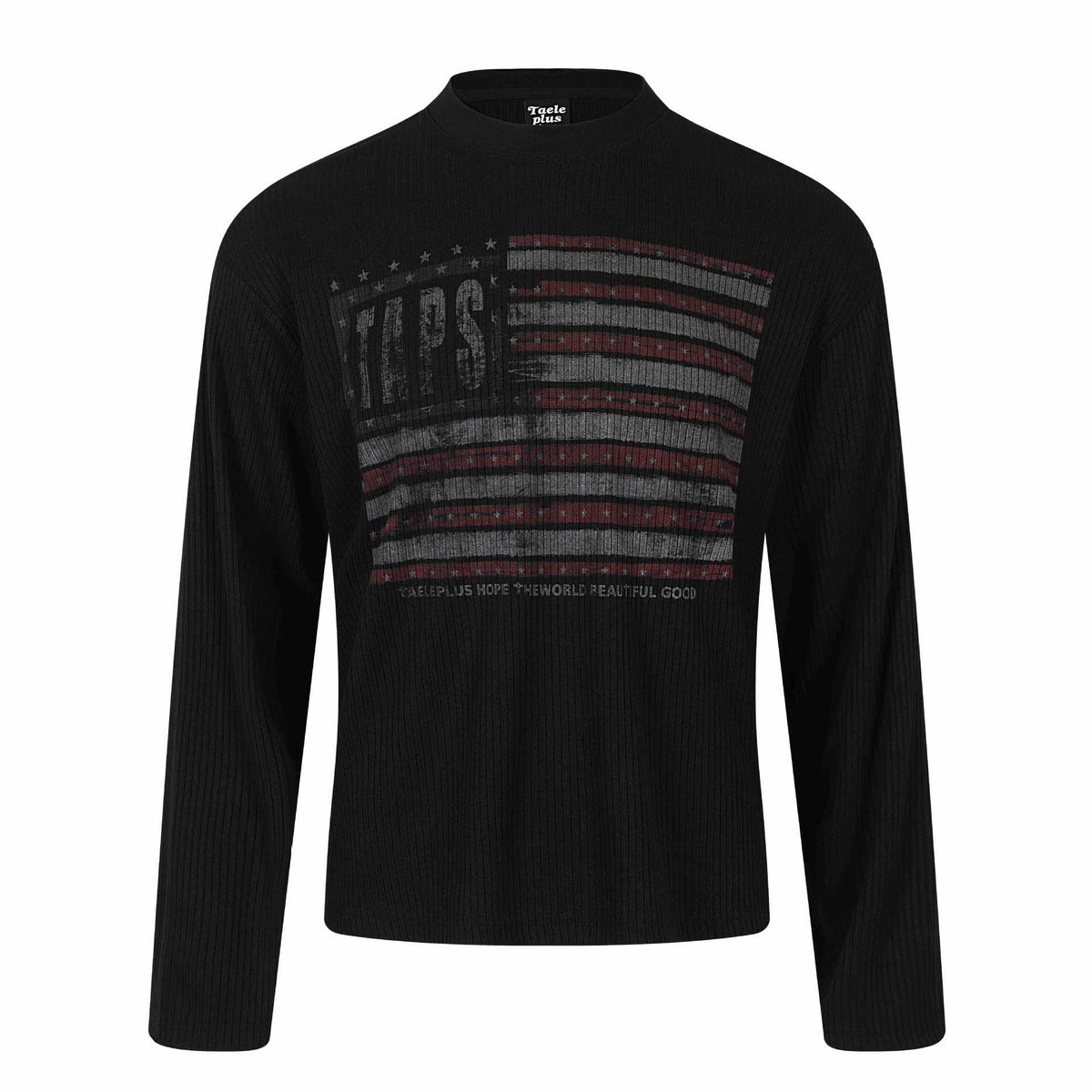 Long Sleeve Regular Shoulder  Distressed Printing Ribbed Texture  T-Shirt
