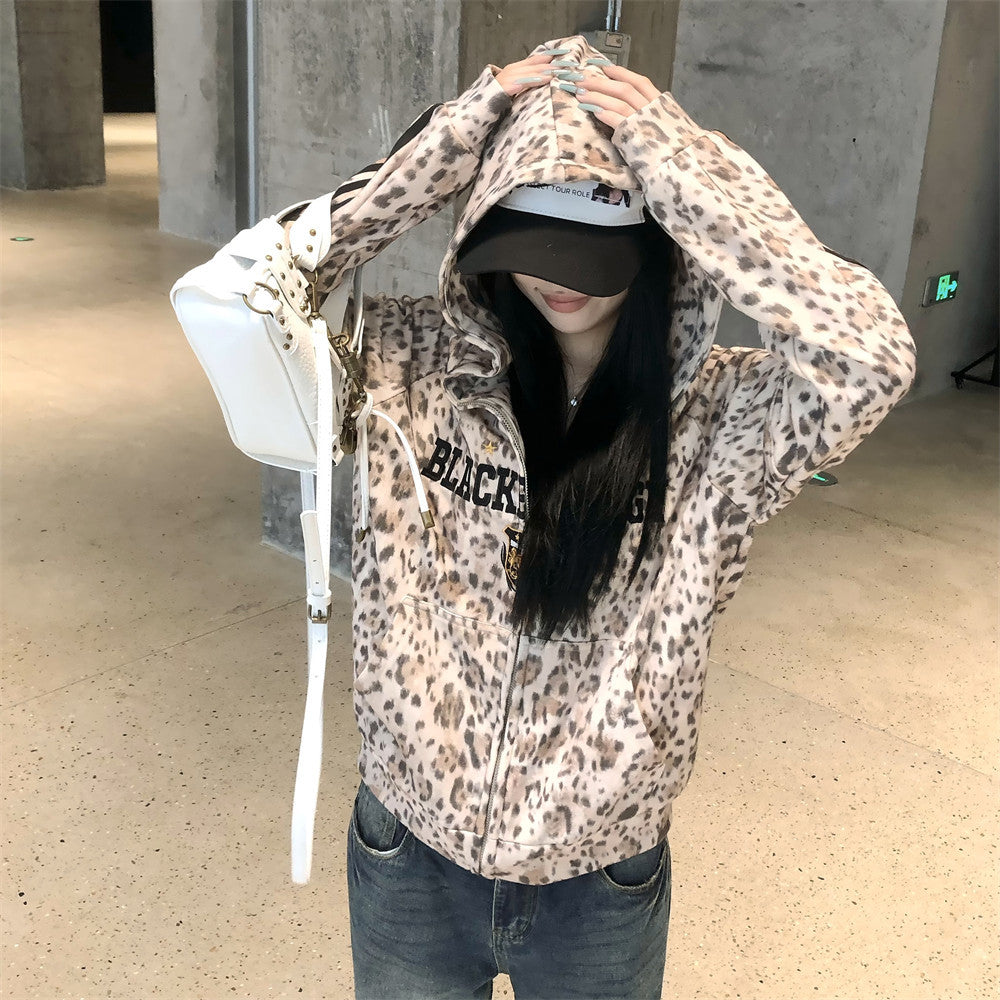 Leopard print hooded cardigan sweatshirt