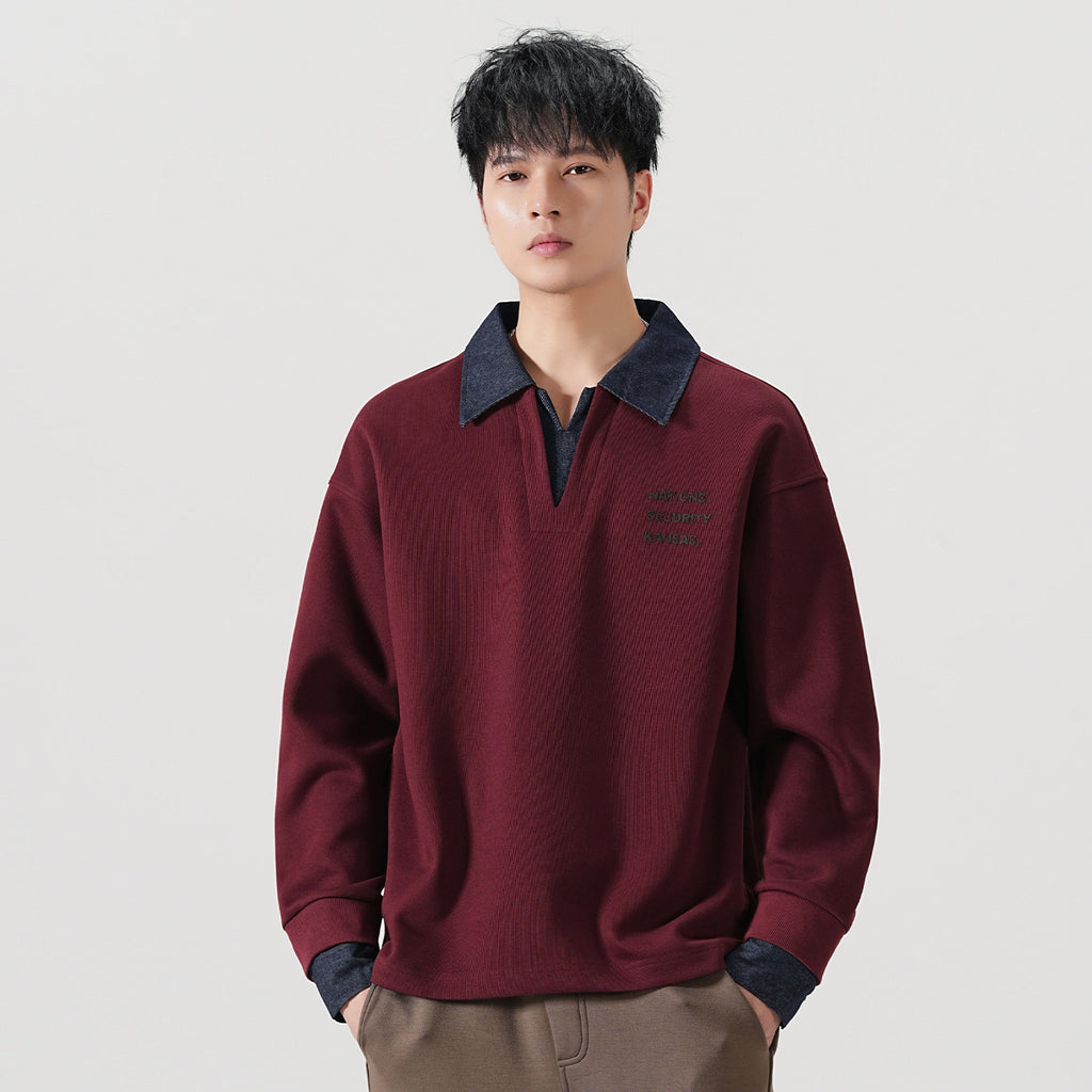 Denim Splicing Long Sleeve Polo Collar Sweatshirt for Men