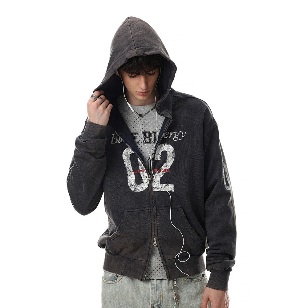 02 Number Used Dirty Hooded Cardigan Sweatshirt