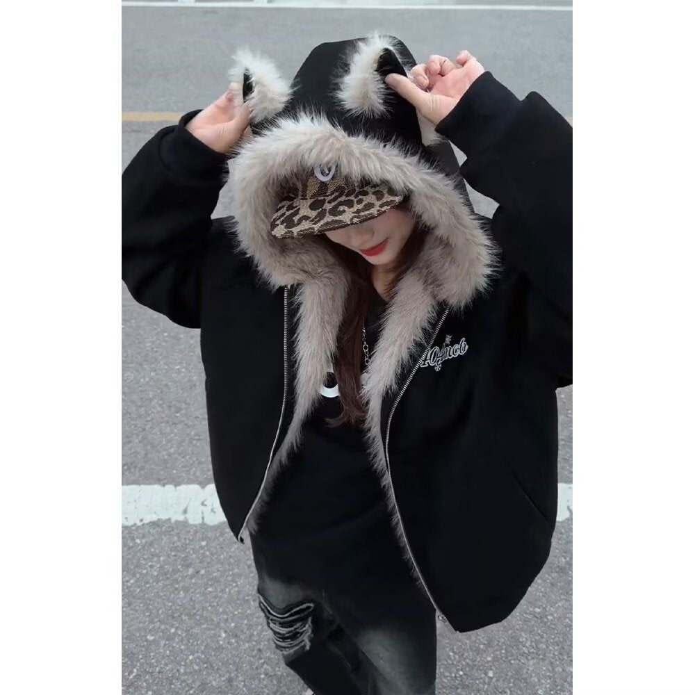 Furry Hooded Cat-Ear Coat for Men and Women