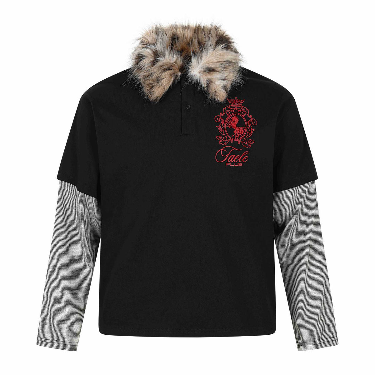 Long Sleeve Faux Two-Piece with Fur Collar and Embroidery  Loose Fit  Long Sleeve T-Shirt
