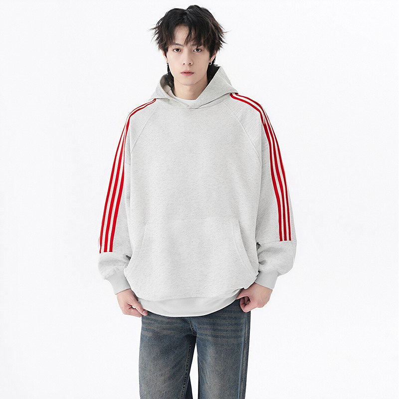 Three Stripes Hooded Sweatshirt Men  Vintage Streetwear Casual Loose Outerwear